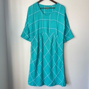 FLAX Women's XS Cyan Tattersall Plaid Dolman Midi Dress Linen Pockets Boho Chic
